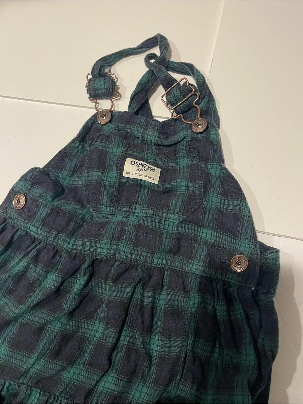 OshKosh B'gosh 4t Green and navy Plaid Girls' Pinafore overall dress tiered